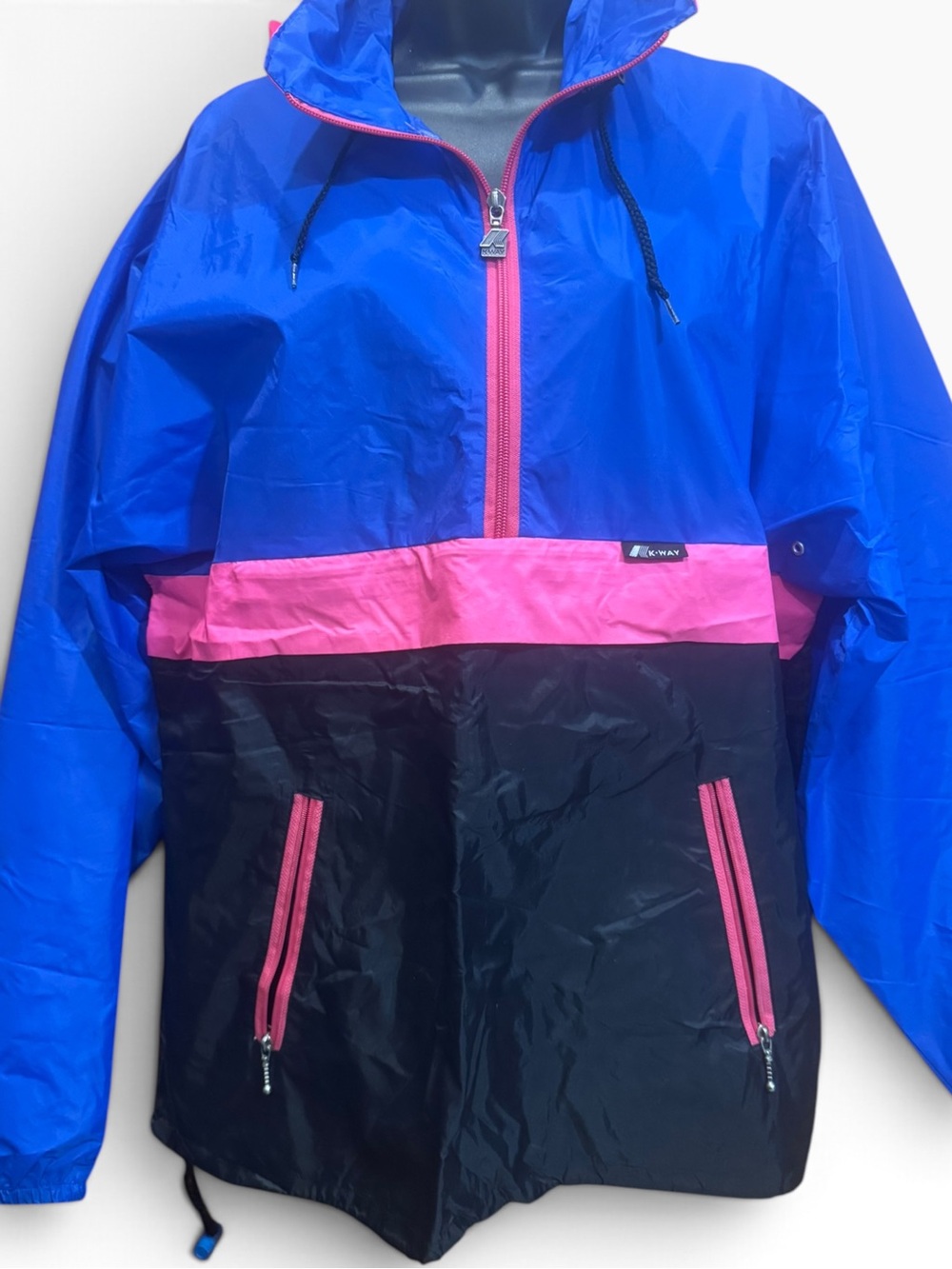 Retro 80’s K Way - Blue, Pink & Black Colorblock Rain Jacket